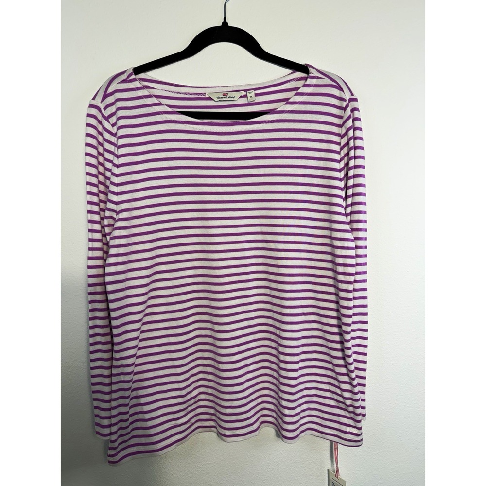 Vineyard Vines Womens Purple/White Striped Boat Neck Long Sleeve Tee XL